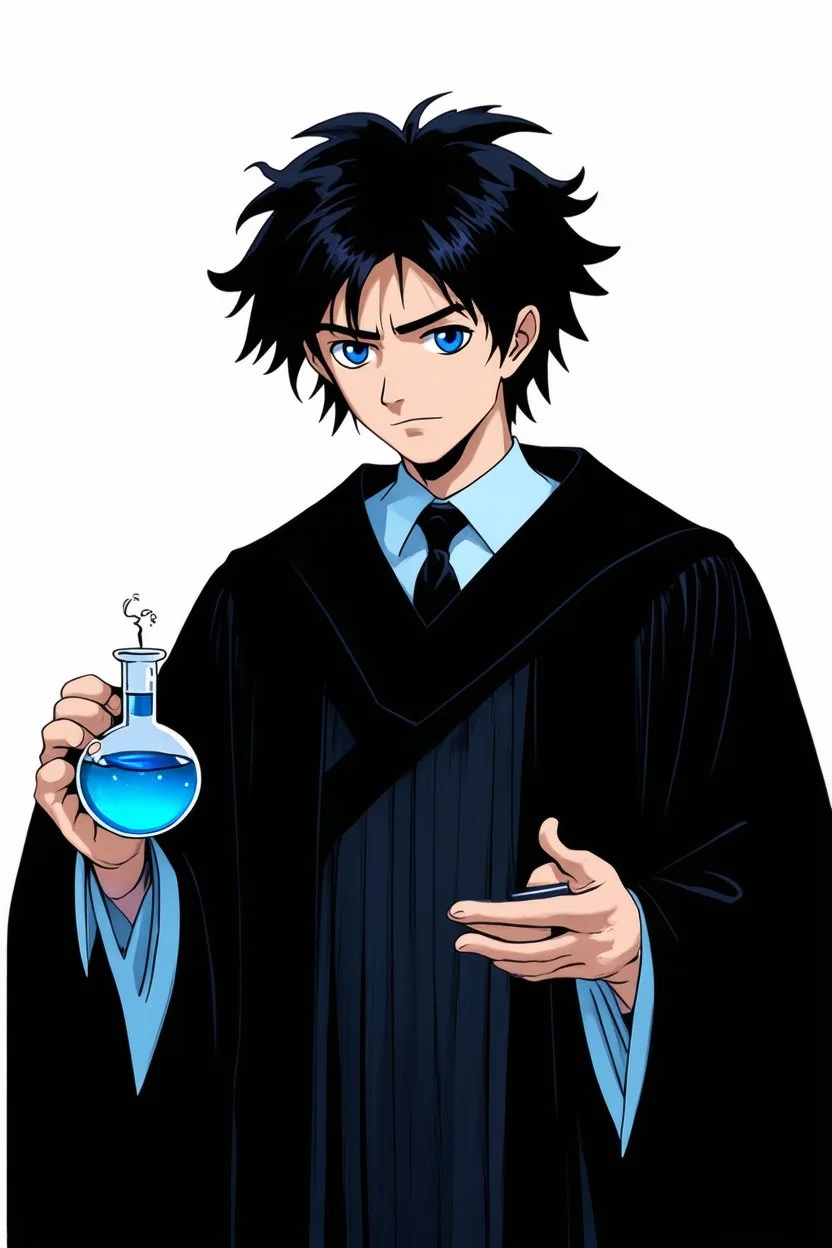 black hair, blue eyes,19year old, male, wearing black robes, alchemist, holding a flask full of blue liquid, in the style of Charles Addams