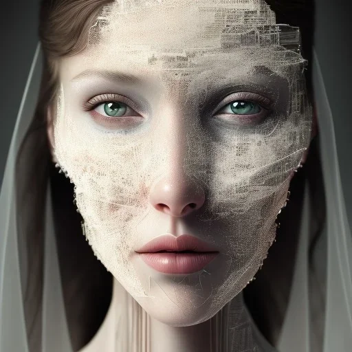 human face, one half bride and veil, one half man face, broken, cracked, fine detail, highly intricate, bridal veil, modern surrealism painting, identity crisis, high-quality, volumetric lighting, 8k, ultrahd, George Grie, Marco Escobedo, Igor Morski