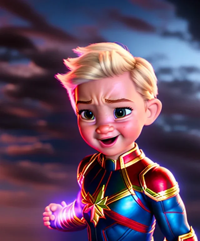 Baby captain marvel, full body, dynamic lighting, hyper realistic