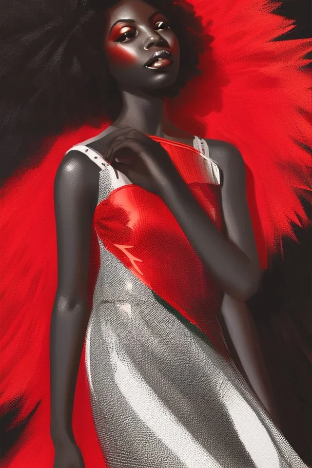 Portrait of a black woman wearing stylish red and silver dress.