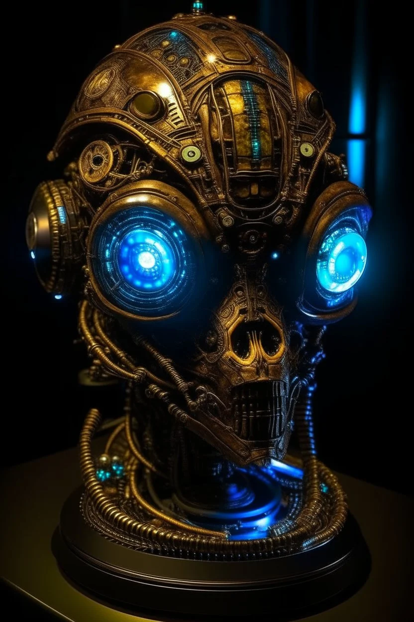 steampunk giant alien with tiny lcds lights face in a dark