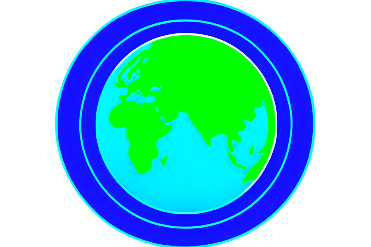 app logo, play button in the middle of the globe, blue and green