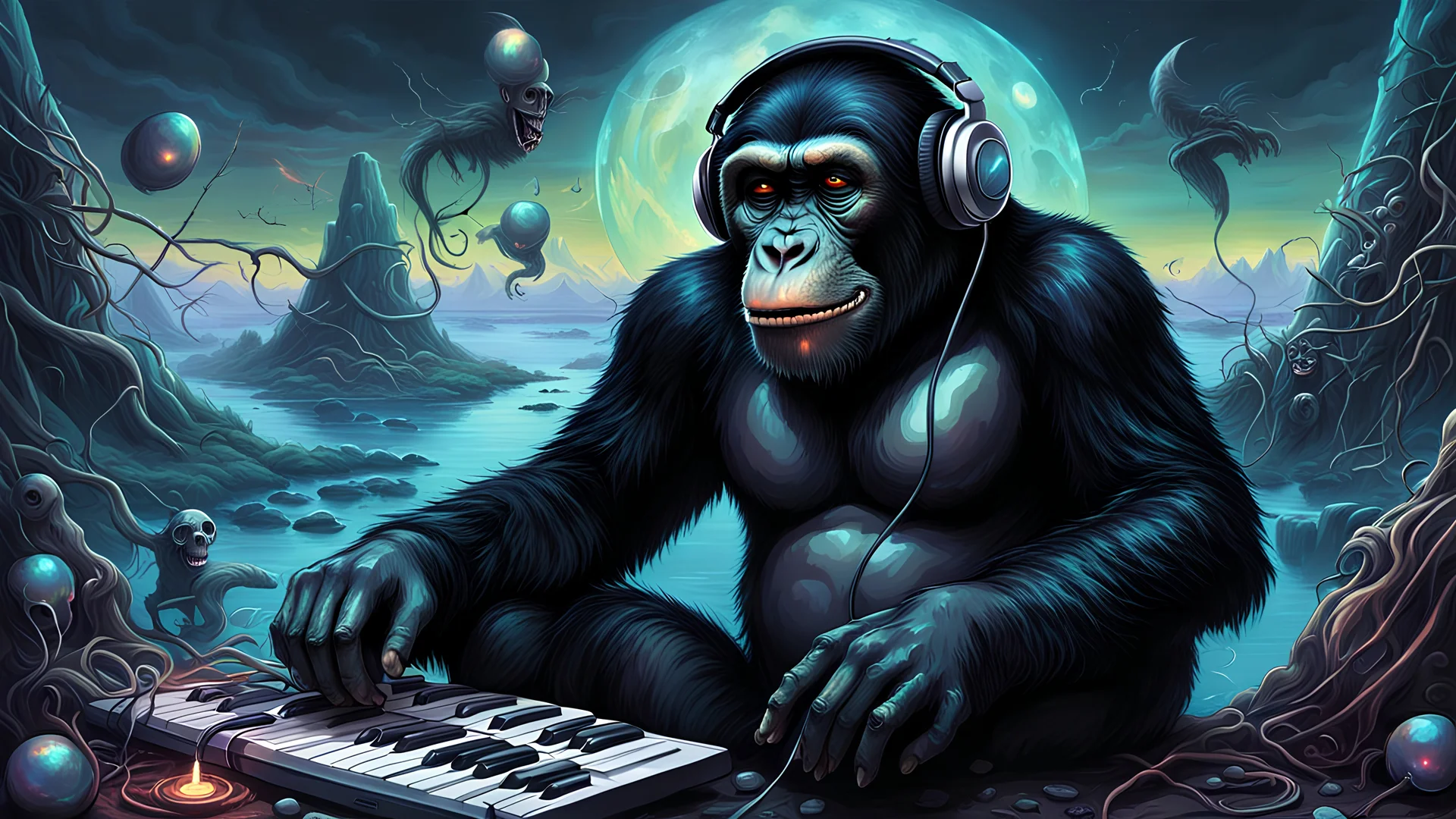 A gritty, full-body shot of an insatiably evil black opal iridescent pearlescent dark chimpanzee weaving spells with headphones on, music notes in the air, in a surreal landscape, with sharp ivory teeth, macabre, Dariusz Zawadzki art style, liminal spaces, horror art, dark gaming background, wet, glossy, horror art, trypophobia, eerie, intricate details, HDR, beautifully shot, hyperrealistic, sharp focus, back lit, 64 megapixels, perfect composition, high contrast, cinematic