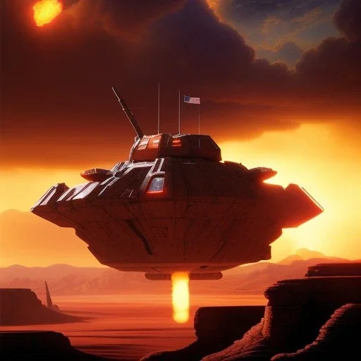 volumetric dramatic desert Battle scene with futuristic hovering military armored Hovercraft painted by chris foss, floating, 4k, 8k, Minutiae, highly detailed, gun Turret, pennant, hovering, stripes, sunset, duststorm, nimbus clouds]