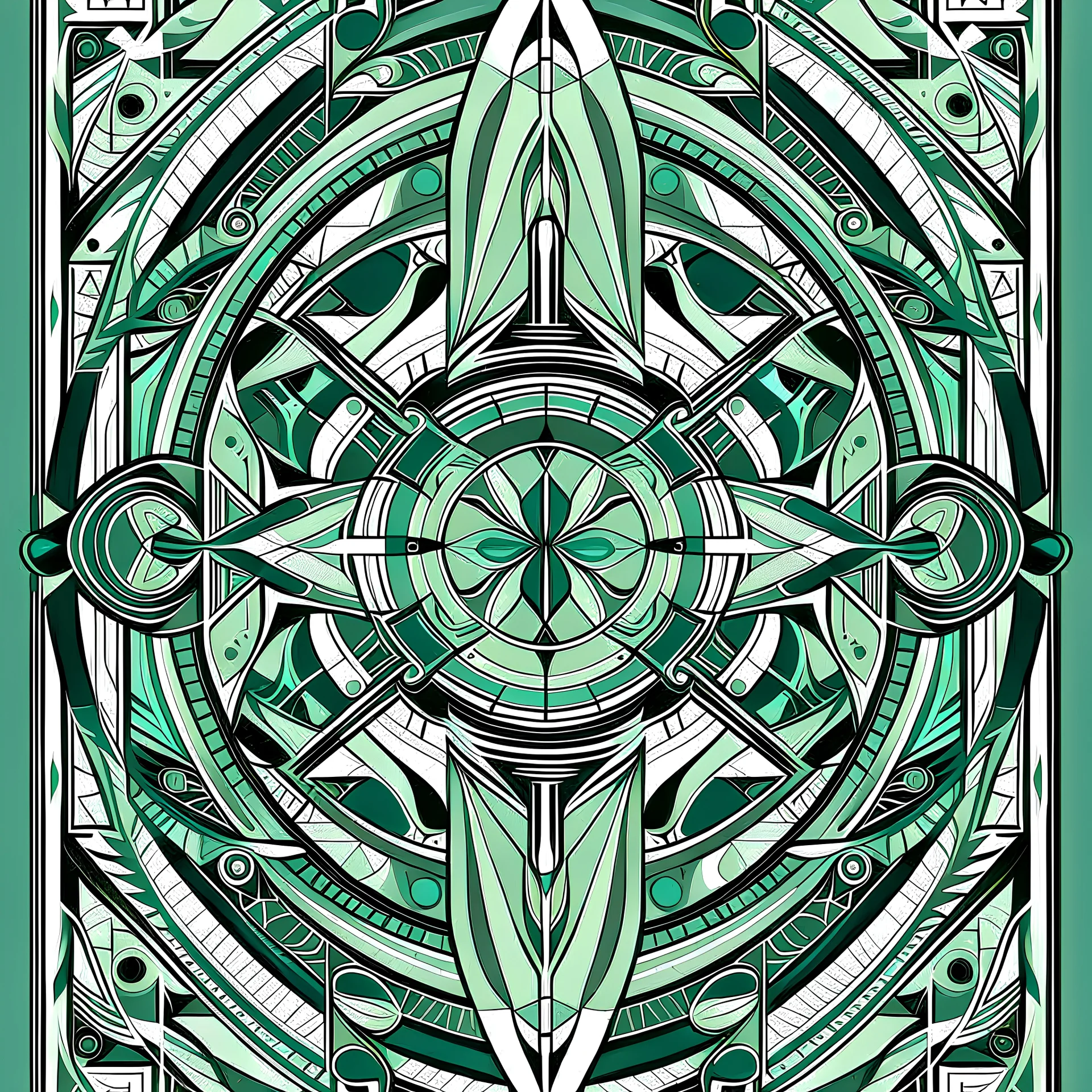 stylized Scandinavian artifact in the style of tarot and art deco, turquoise and grey colours