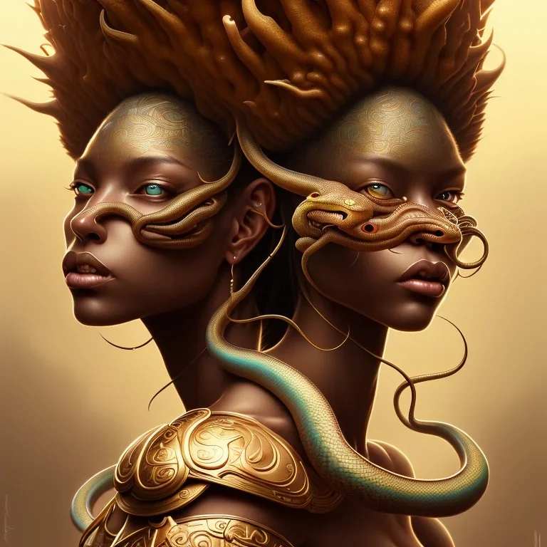 sango fantasy, fantasy magic, intricate, sharp focus, illustration, highly detailed, digital painting, concept art, matte, art germ and Boris Vallejo and kehinde wiley, masterpiece snake head long leg African afro hair sexy body brown pretty lips