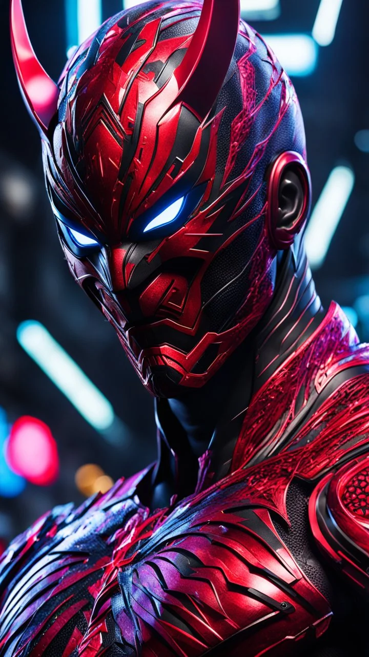 Carnage oni in 8k one punch man artstyle, ronin costum, galaxy mask, cover face, dynamic pose, oshare kei, hurufiyya, rtx , neon lights, intricate details, highly detailed, high details, detailed portrait, masterpiece,ultra detailed, ultra quality