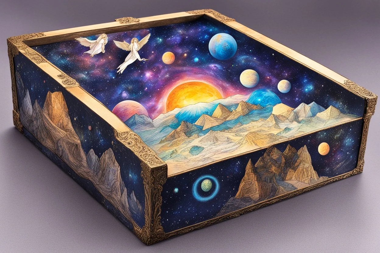 a box for storing things with beautiful drawings a lot of colours, detailed, angels, minerals, planets space, galaxies, pyramids