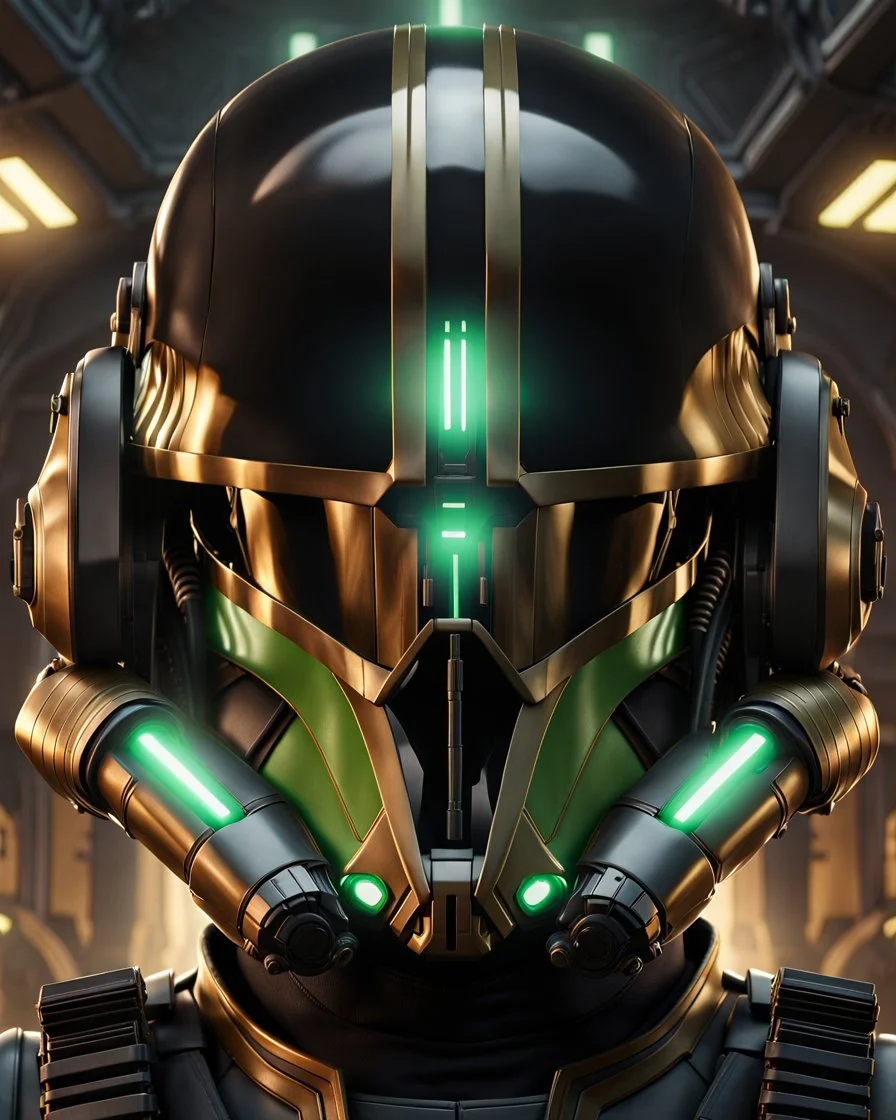 star wars bald male corellian pilot wearing black and bright gasoline green First Order special forces TIE pilot commando armored flightsuit and helmet with gold trim inside the jedi temple, centered head and shoulders portrait, hyperdetailed, dynamic lighting, hyperdetailed background, 8k resolution, volumetric lighting, light skin, fully symmetric details