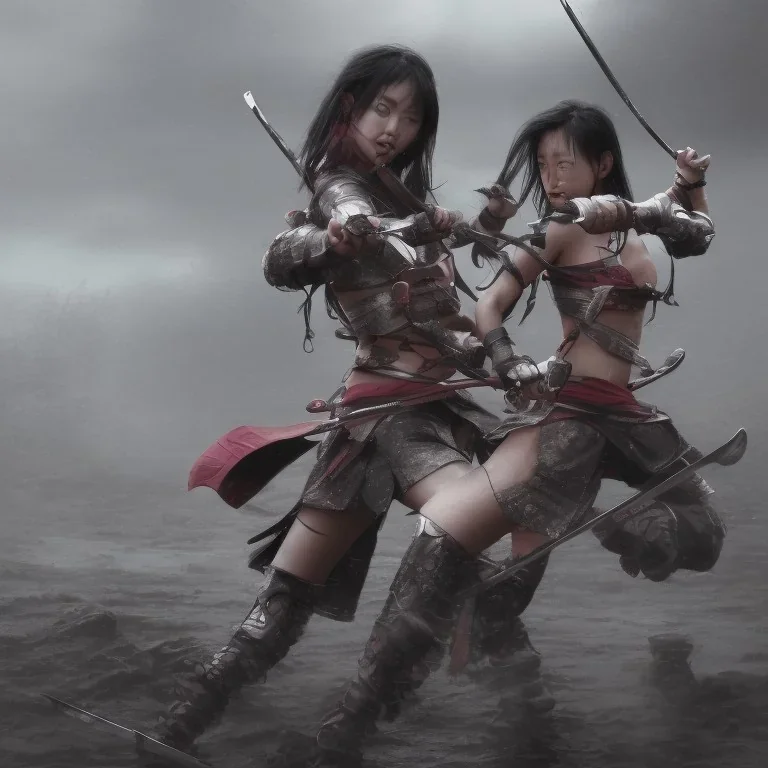 2 samurai girls with sword fight in rain, xtreme detailed, photorealistic, 4k