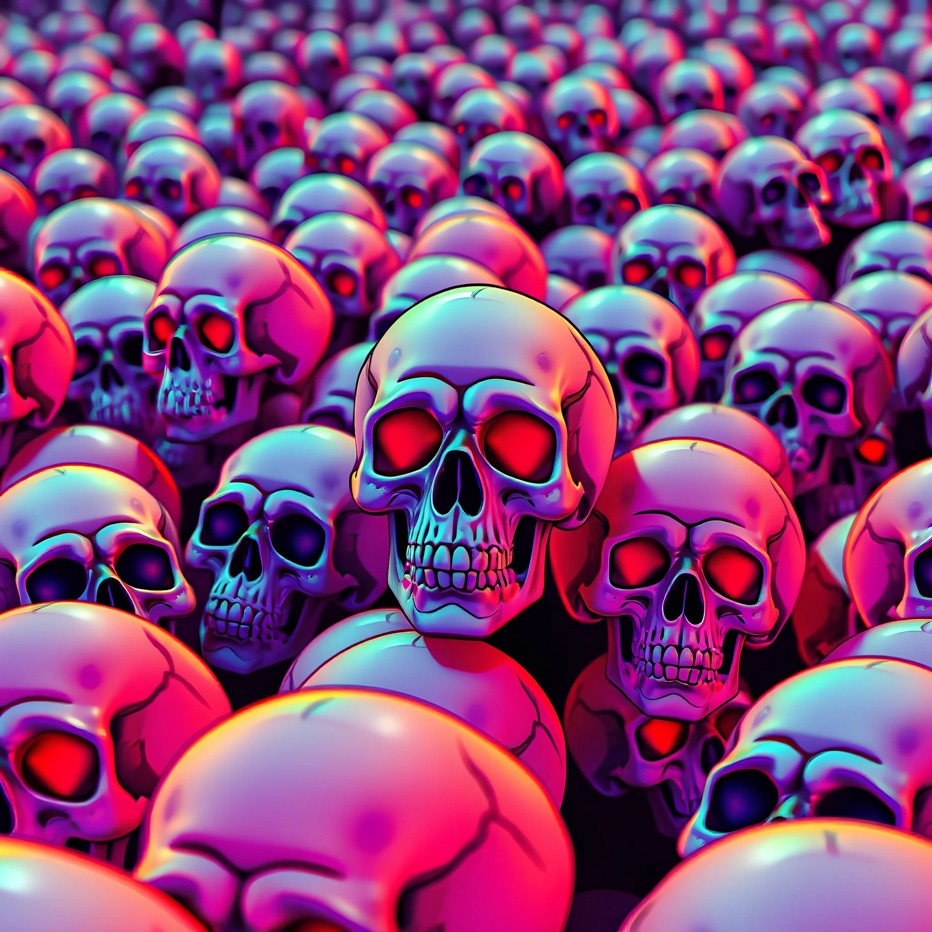 a field of 1000s of cartoonish, anatomically correct, skulls, vivid RANDOM BRIGHT neon colors, dark comedy, well lit, high detail, photorealistic, horrorcore, fun, scary, dead