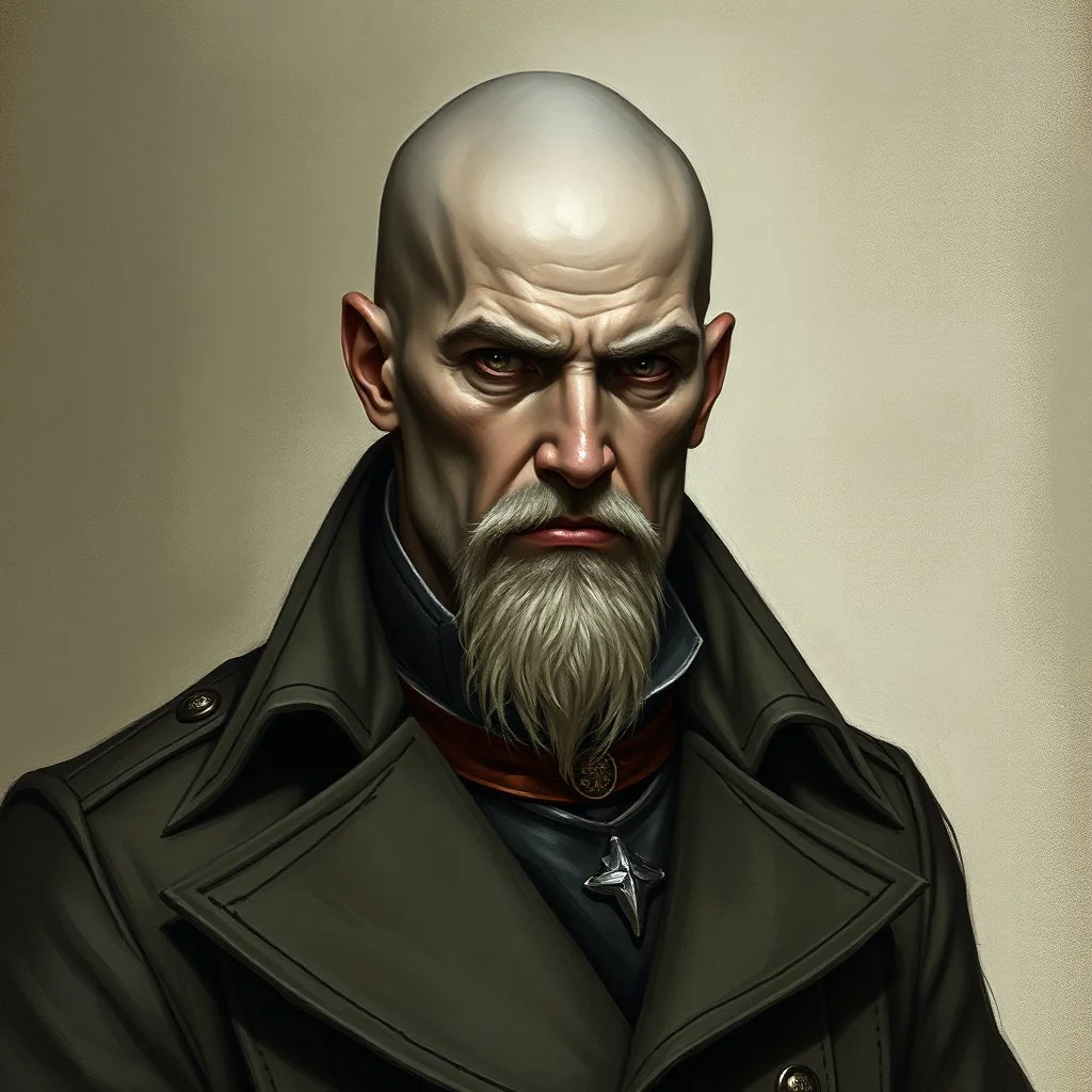 A bald greyskinned noble with a renaissance trenchcoat fantasy grimdark realistic