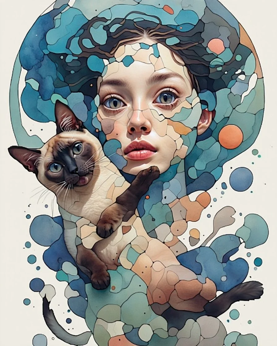 Abstract biomorphic mixed-media painting of woman with Siamese ca, caught in a dynamic off-balance pose inside [SCENERY]. Build the figures from irregular floating shape-cells, softly warped anatomy, oversized curious eyes, rounded mask-like faces, playful distorted proportions, and interlocking organic fragments that feel hand-cut and reassembled. Use pastels with translucent alcohol-ink blooms, watery pigment stains, dry watercolor edges, milky gradients, saturat