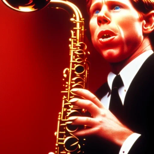 Closed REd-haired Ron howard Is richie from happy days playing his saxophone with his "closed-eyelids", rock band, embouchure, joanie cunningham