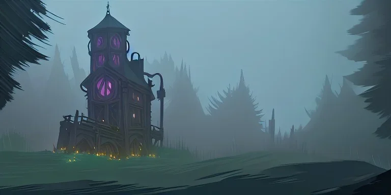 Ruined abandoned overgrown small castle tower in a dense coniferous forest, night, misty, atmospheric, fireflies