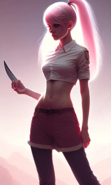 girl, cute, beautiful, pink hair, brown eyes, pigtails, bangs, knife in hand, blood on face, by Greg Rutkowski, big boobs