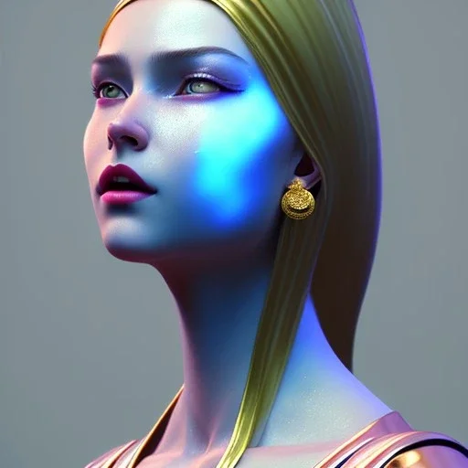 Russian woman, painted face, rounded face, glow, trap style, gold, white, blue, latex coat, leather, nose piercing, soft color, highly detailed, art stations, concept art, smooth, unreal engine 5, god rays, ray tracing, RTX, lumen lighting, ultra detail, volumetric lighting, 3d, finely drawn, high definition, high resolution, neon background.