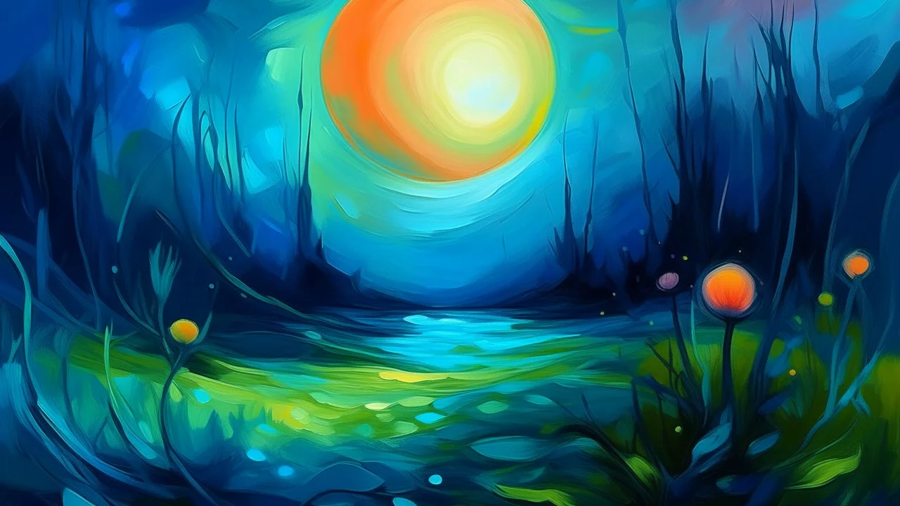 An alien landscape with bioluminescent flora and a double sun, painted in the loose, vibrant style of French Impressionism, thick oil paint texture, focus on light and atmosphere rather than detail, soft pastel colors and deep blues