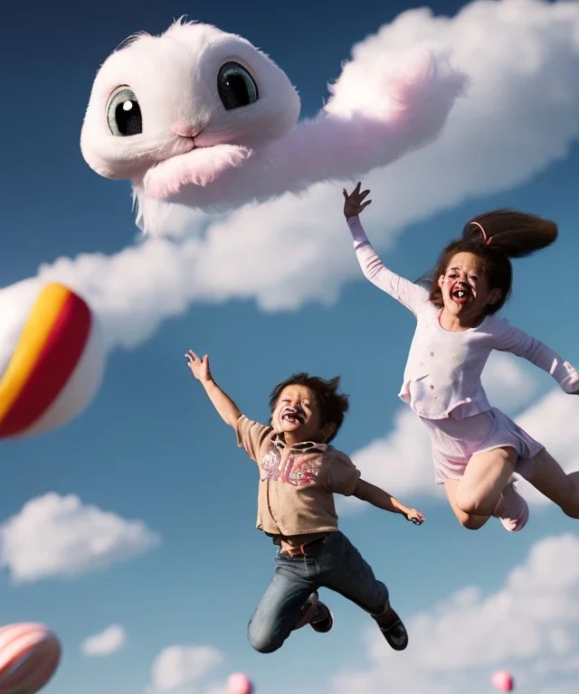 Ultra realistic speed clouds sky scene, wide angle view, child falling down with many Children background, rabbit head, inflatable monsters, circus dress style, feather color, free jumping flying, many trinkets, hair monster, many jelly beans, balls, color smoke, smile, happy, extreme, wind, clouds sea, 20,000 feet altitude, stratosphere, soft color, highly detailed, unreal engine 5, ray tracing, RTX, lumen lighting, ultra detail, volumetric lighting, 3d, finely drawn, high definition.