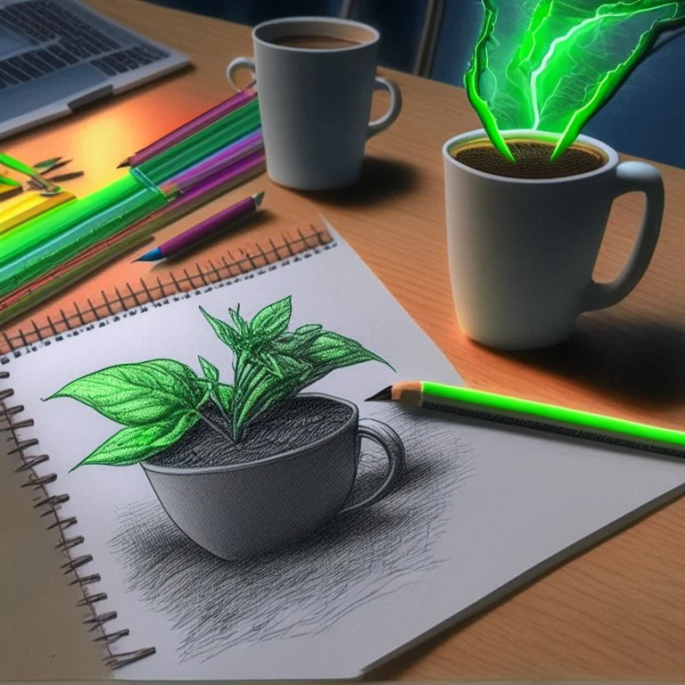 A High resolution photograph with soft lightning, of a a4 size drawing on a table next to two colored pencils. A green plant in a pot in the left top corner, a cup of coffee in the right top corner.