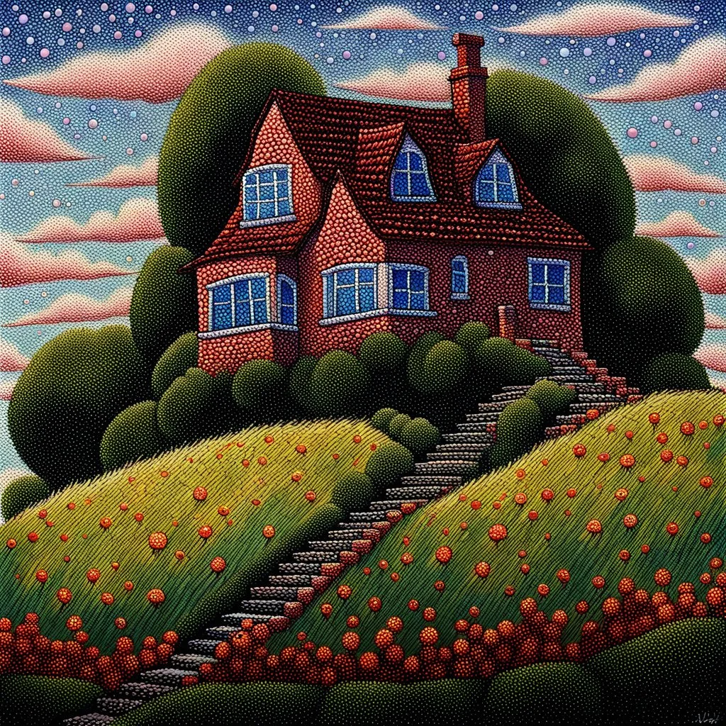 a painting of a house on a hill, a pointillism painting by Sylvia Wishart, deviantart, kinetic pointillism, detailed painting, whimsical, storybook illustration