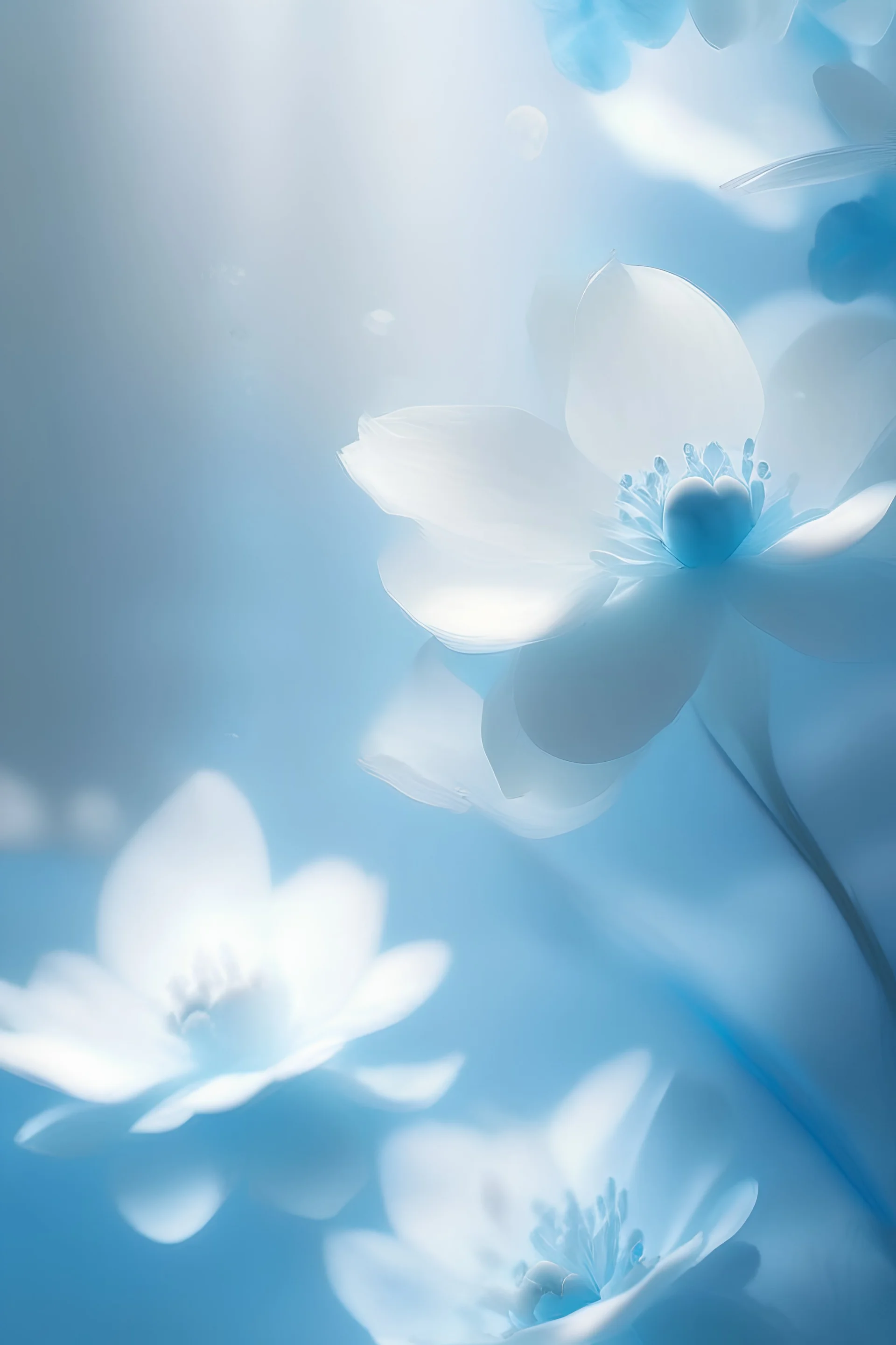 Soft blue colors, floating, ambient music, soft light, relaxing image, flowers, pro Shoot, detailed, realistic, 4k