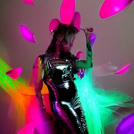 A 1990s or early 2000s magazine party photoshoot. Neon blob, metallic spikes, ethereal. Extremely detailed, HD photography, high quality, stylized, dramatic, high contrast, high exposure.