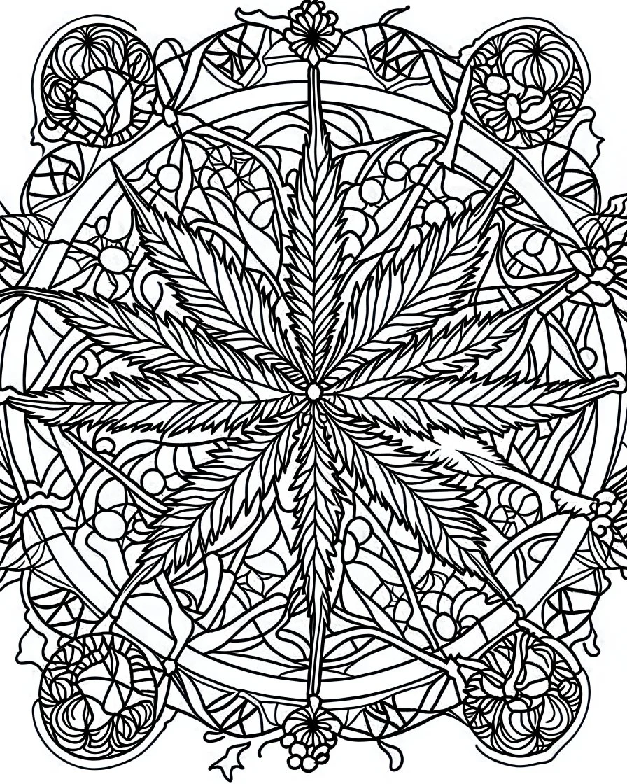 outline art for stoners coloring pages with A very simple stained glass style design featuring swirling smoke patterns and intricate cannabis leaf details., white background, sketch style, fully body, only use outline, mandala style, clean line art, white background, no shadows and clear and well outlined