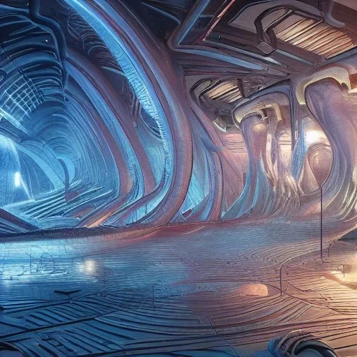 biomorphic alien city with lighting, panoramic, colours, 3D-rendering, foto-realistic,TG, 8k, art by HR Giger.