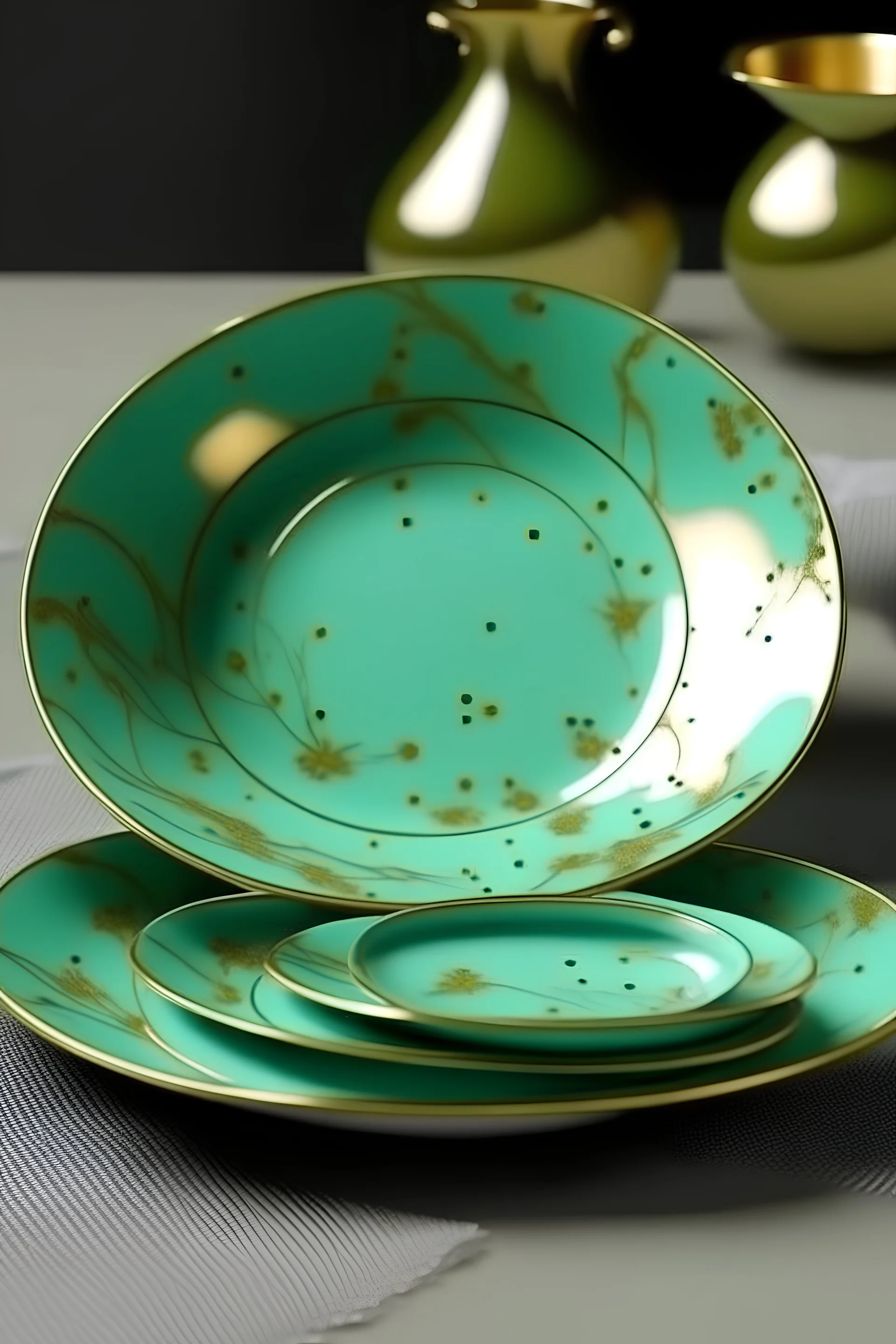 Ser of mint ceramic plates golden splashes