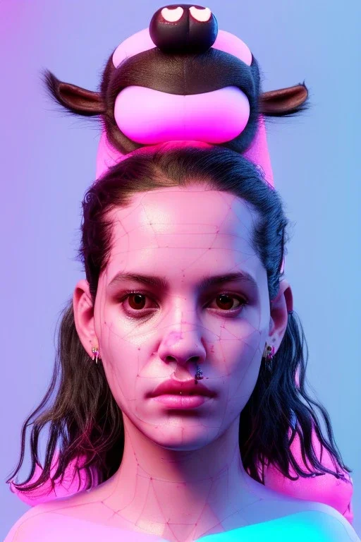 Ultra Realistic image, Rosalía artist, portrait, normal complexion, waist up portrait, two monkeys hair ,black eye long line, sweet face, t-shirt with holes, inflatable open coat, gold pink and blue style, spray glow make up, geometric led jewelry, fog, hot, inflatable style latex coat, vibrant color, highly detailed, art stations, concept art, smooth, unreal engine 5, god rays, ray tracing, RTX, lumen lighting, ultra detail, volumetric lighting, 3d, finely drawn, high definition.