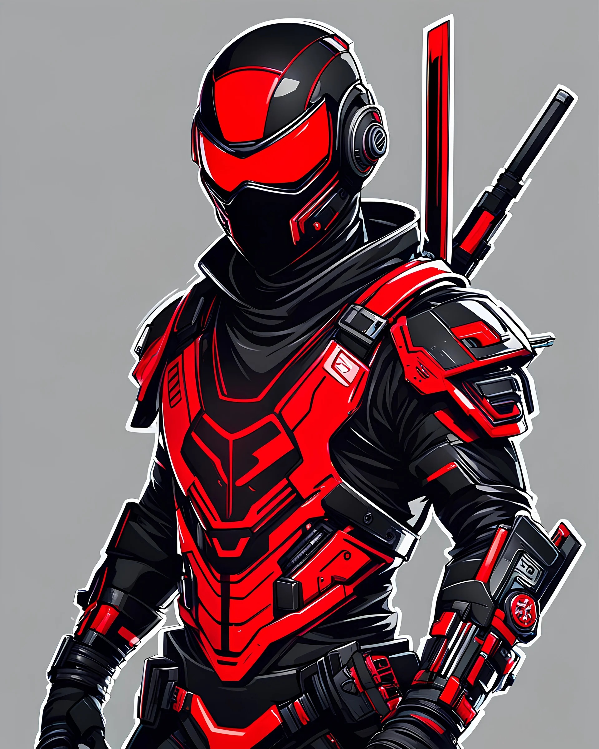 dibujo de contorno de un Ninja negro y rojo con traje cyberpunk