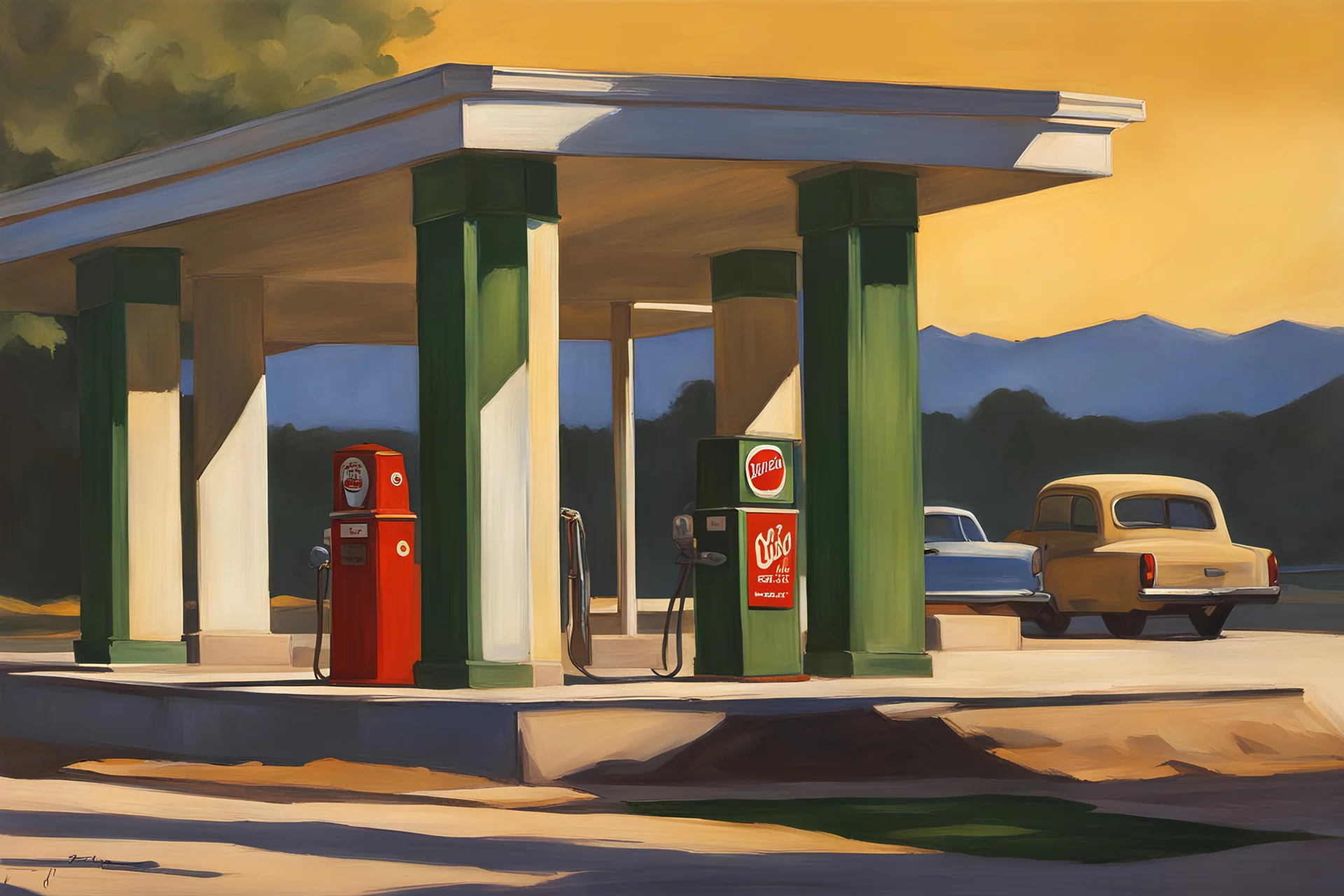 gasoil station with edward hopper morning sun technique