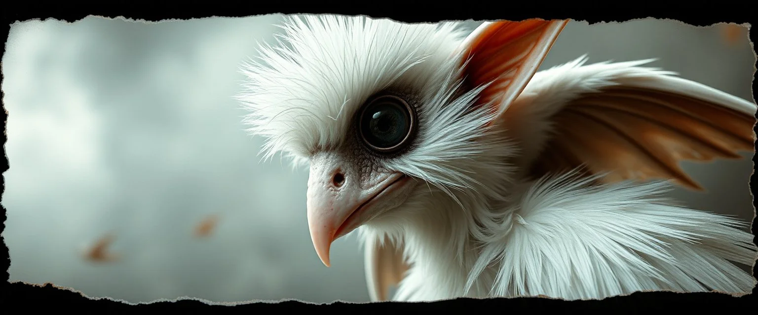 3d airbrush render, white fluffy magpie elf vampire alien dodo , pinhole cam, airbrush 3d rendering, in the style of Titian and Dali , torn edges on border