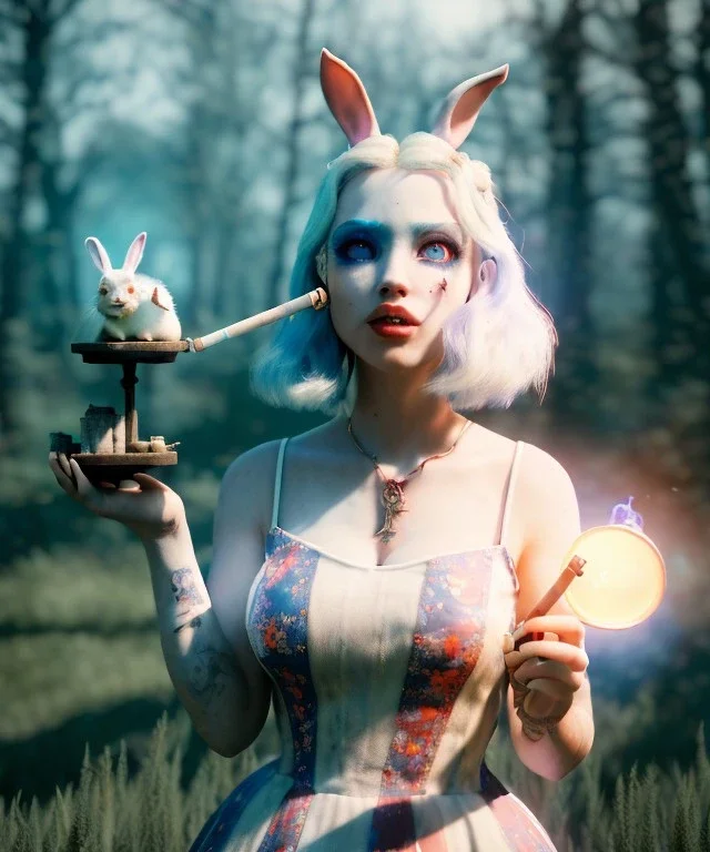 Ultra realistic wonderland photo, happy blonde Alice smoking a pipe, blue dress, white rabbit pet, circus dress style, old school tattoo, smoke, marijuana garden, glow eyes, perfect iris, soft color, highly detailed, unreal engine 5, ray tracing, RTX, lumen lighting, ultra detail, volumetric lighting, high definition.