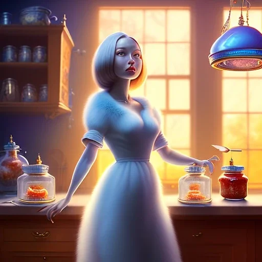 pixar style, realistic painting of a women in dress and a jar jam marmelade in kitchen,volumetric blue sky environment and background, volumetric lighting,dramatic lighting, detailed digital painting, extreme dense and fine fur, anime, ornate, colour-washed colors, elegant, small minutiae, tiny features, particulars, centered, smooth, sharp focus, renderman gofur render, 8k, uhd, detailed eyes, realistic shaded volumetric lighting,caustics,backlight