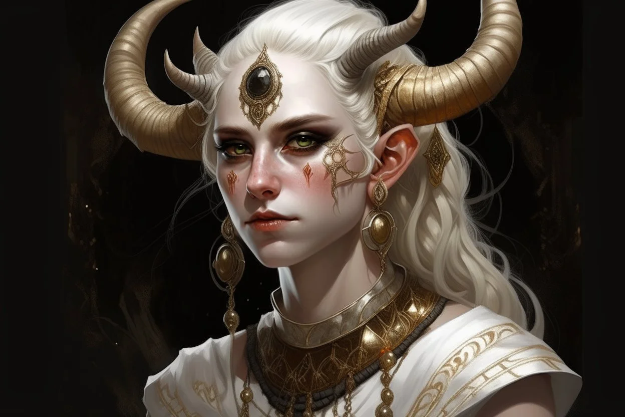 A young tiefling woman with a set of ram horns on her head encrusted with jewels, White-Blonde hair, black eyes, no pupils, dressed in white and gold with lots of jewelry