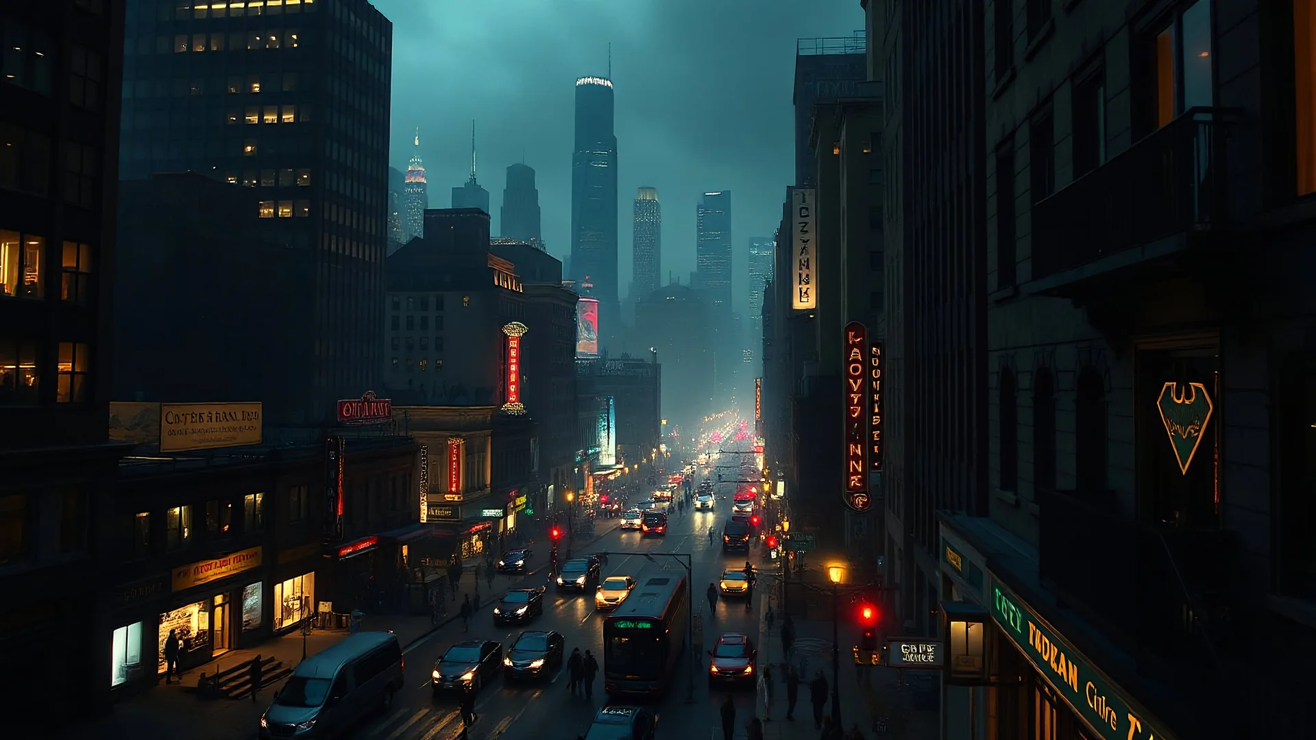 Gotham City Streets: the bustling, gritty streets filled with diverse characters, from everyday citizens to shady figures :: Gotham city, gothic-style modern city, gothic architecture, noir film ambiance, night, a view from balcony