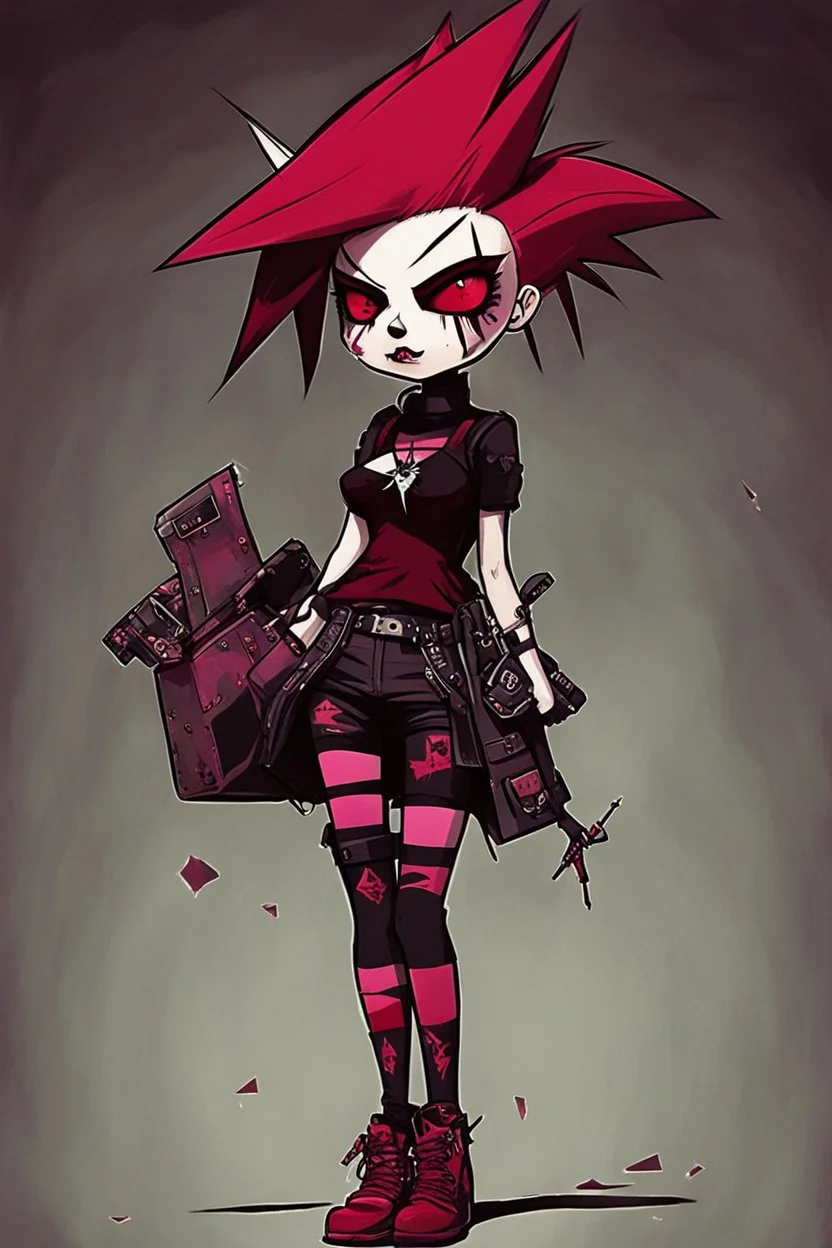 Punk girl, darkred tones, style Invader Zim,