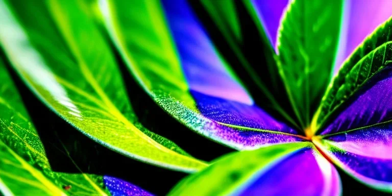 realistic, colorful, epic, ray tracing, cinematic, 8k, HD, Ultra High Definition, photo film, film grain, high quality ultra detailed vibrant colorful iridescent exotic marijuana plant leaf