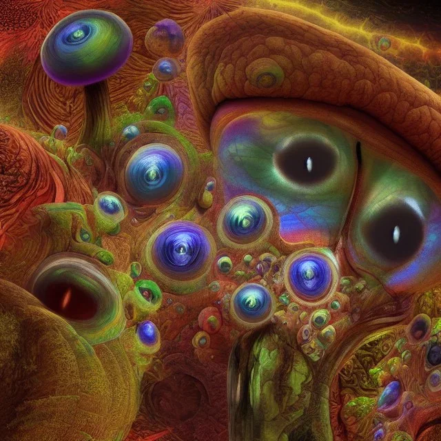 hyper realistic mushroom trip, DMT, LSD, 8k, Fractal shapes, eyes, deep color