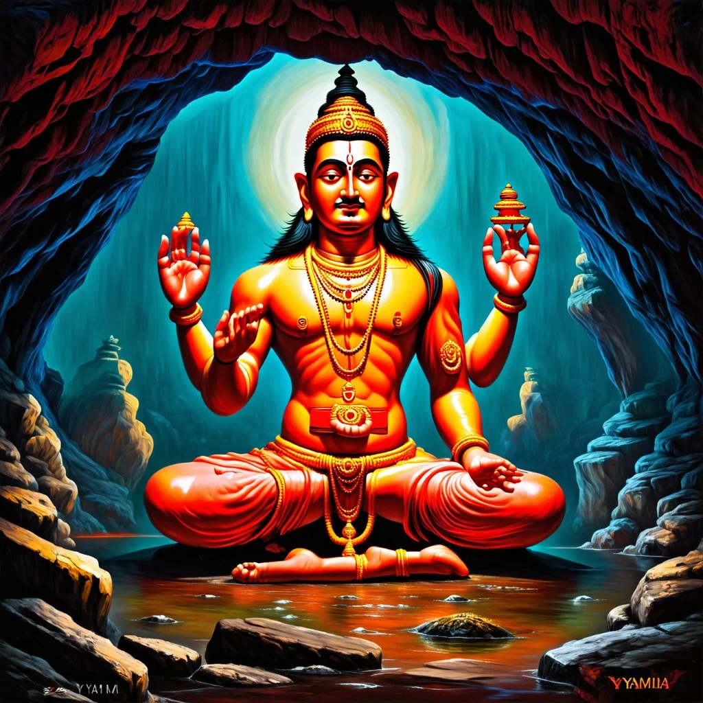 An oil painting of Hindu god YAMA in a cave, neon red colors, high detail, dark vibe