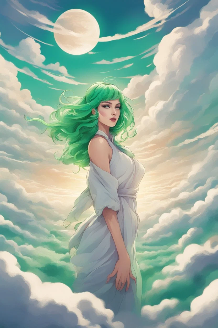 concept art of a beautiful woman with green hair, clouds, detailed digital artwork, illustrative, key visual, highly detailed, cinematic composition, sense of freedom and liberation, breaking free, holy light, majestic, magical, high contrast