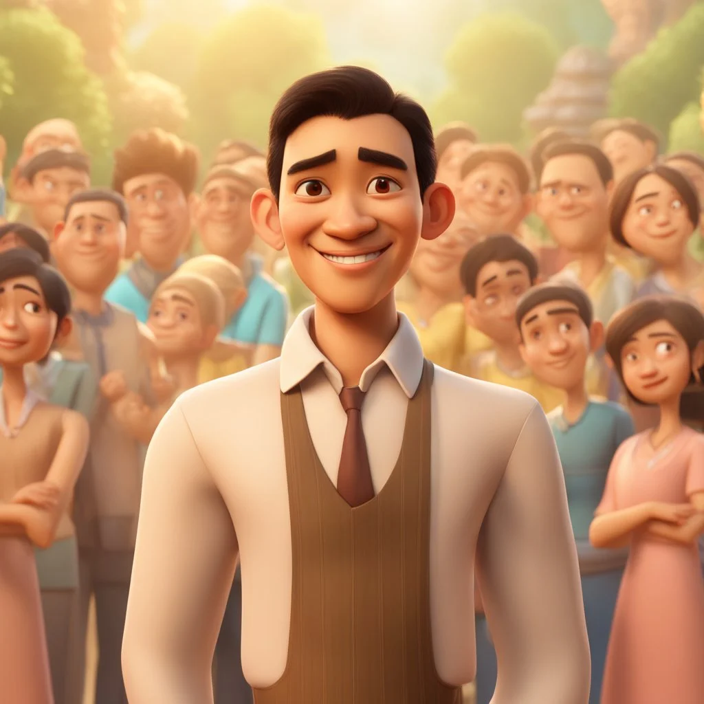 a portrait of smiling man. indonesian. carricature. black hair. short hair. light brown skin. black eye pupils. diamond face shape. a bit small goatee. without moustache. semi formal dress. pixar style. 3D. 4k. portrait. highly detailed. sharp focus. high resolution. full color. cinema lighting