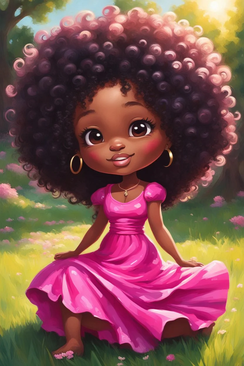 An expressive oil painting image of a chibi black cartoon of a curvaceous woman with flowing of tight curly afro of black hair that's highly detailed, wearing a hot pink maxi dress. She sits relaxed on the grass facing the warm sunlight, which illuminates her face as she looks to the side with a small smile, accentuating her prominent makeup and brown eyes. with green and hot pink roses all around