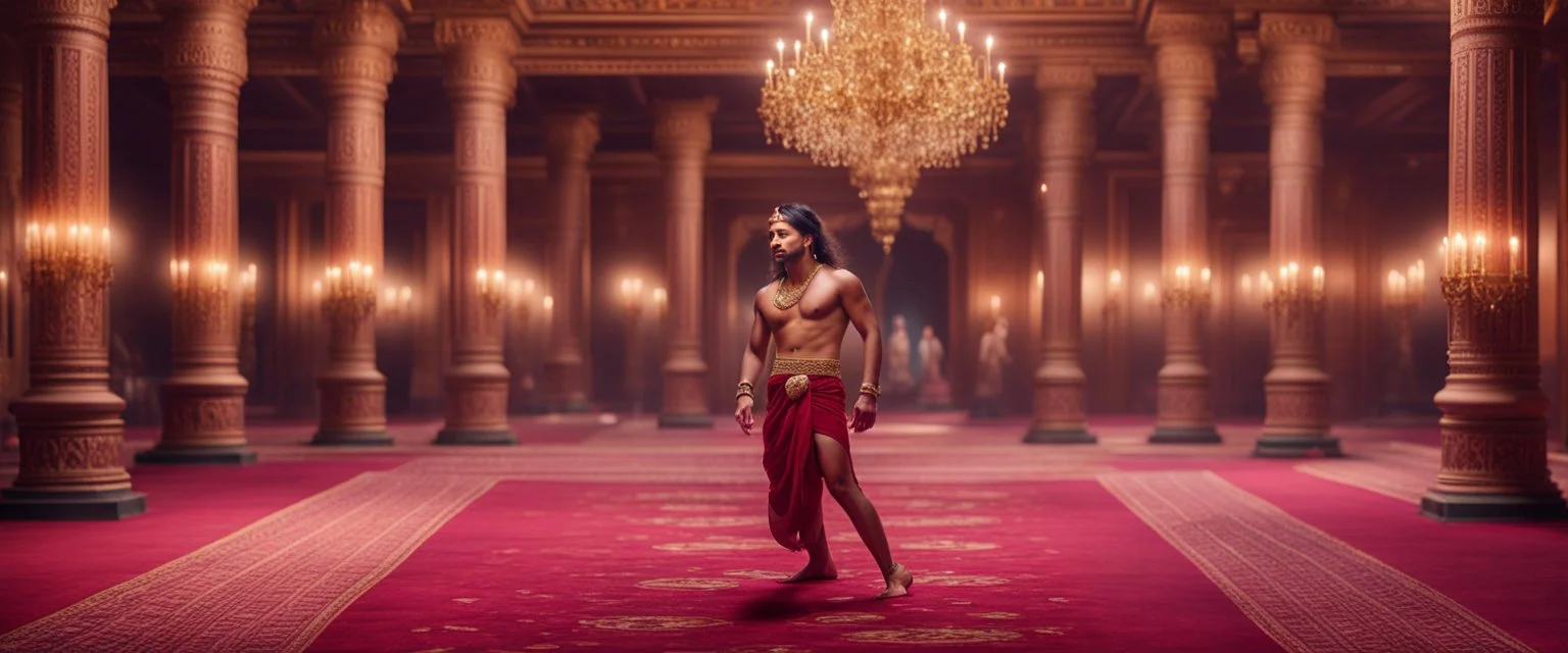 Hyper Realistic handsome Young shirtless muscular Indian king Dancing in a traditionally beautiful Indian palace with traditional pillars with small fancy chandeliers & beautiful maroon carpet at night