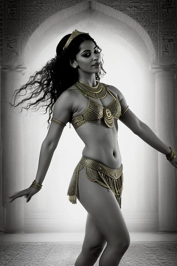 [ancien Egypt, real photography] Satiah's dance is a tantalizing symphony of temptation, a hypnotic blend of fluid movements that entwine with the desires of those who watch. With each sensuous sway of her hips, she evokes the ancient allure of Bilquis, the goddess who ensnared the hearts of kings and divinities alike. As the music's tempo ebbs and flows, Satiah's dance weaves a tale of empowerment and submission, dominance and surrender. Her fingers trace a path through the air, conjuring visi