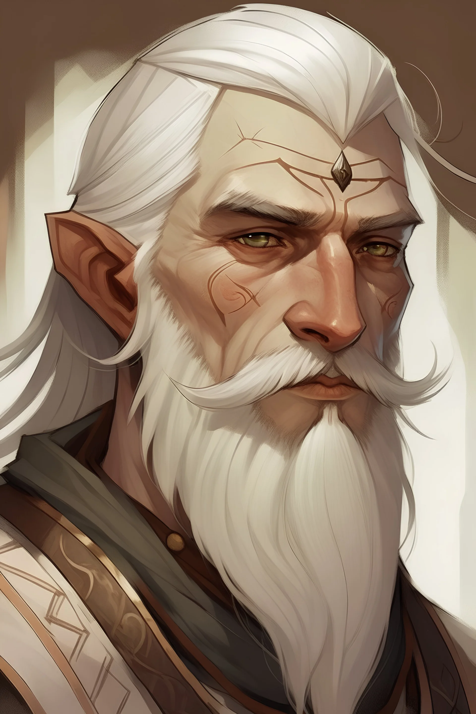 Dnd, portrait of an assimar who has tan skin, white hair and square beard