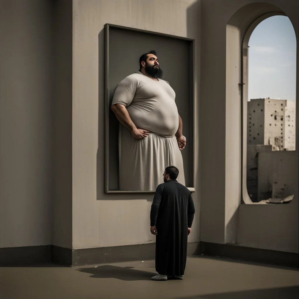 a Persian gay big man in a modern street in Tehran with towers.