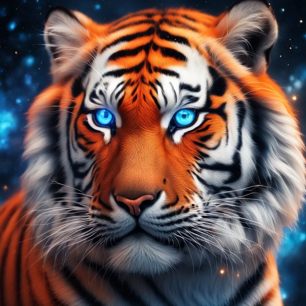 an epic extremely detailed of a bright orange tiger, blue eyes, glowing galaxy background, sharp focus, high contrast, bright vibrant colors, cinematic masterpiece, shallow depth of field, bokeh, sparks, glitter, 16k resolution, photorealistic, intricate details, dramatic natural lighting